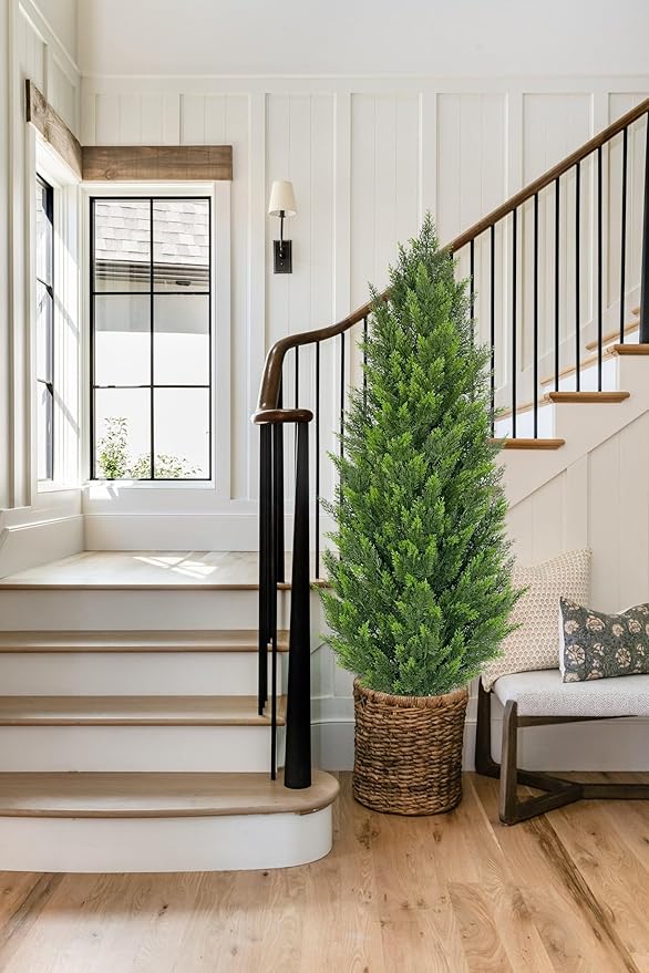 Briful 2PCS 5ft Artificial Cedar Topiary Trees in White Planter – Tall Faux Evergreen Potted Plants, Indoor Outdoor Fake Shrubs, Lifelike Fake Trees for Home, Office, Patio, Porch, Entryway
