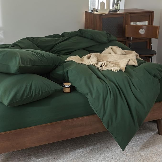 FOSSA Duvet Cover Set 100% Washed Cotton Linen Feel Super Soft Breathable Cozy 3 Pieces Bedding Sets Solid Forest Green Oversized King Plus
