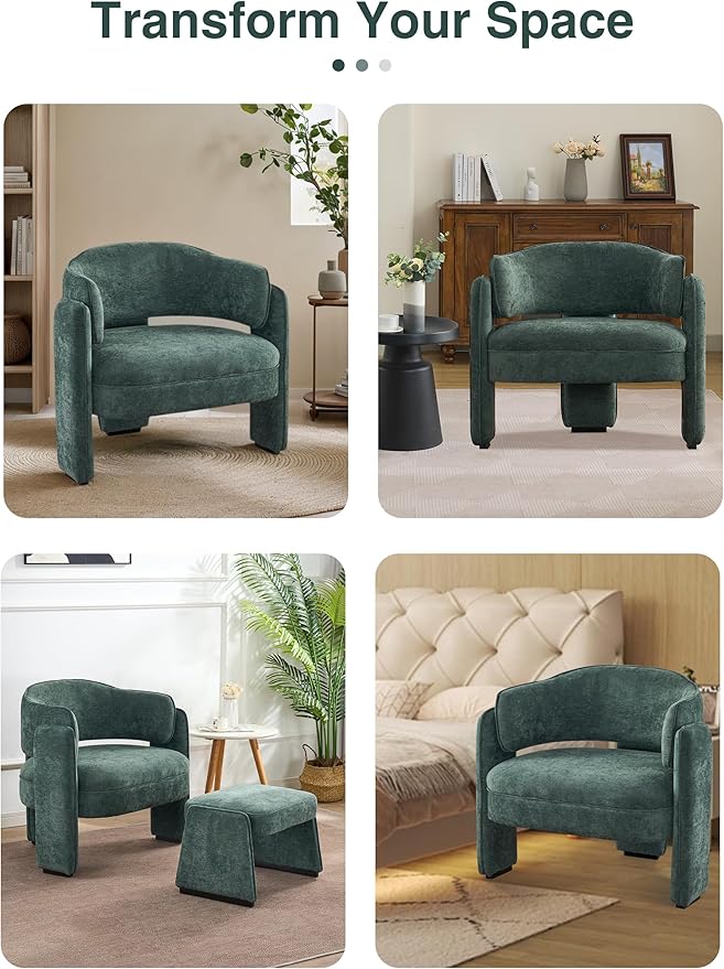 LOULENS Oversized Accent Chair with Ottoman, Modern Upholstered Barrel Chair with Footrest, Comfy Round Armchair for Living Room, Bedroom, Reading Room & Corner (1, Green)