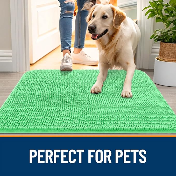 OLANLY Dog Door Mat for Muddy Paws 24x16, Absorbs Moisture and Dirt, Absorbent Non-Slip Washable Doormat, Quick Dry Chenille Mud Mat for Dogs, Entry Indoor Entryway Carpet for Inside Floor, Mint Green