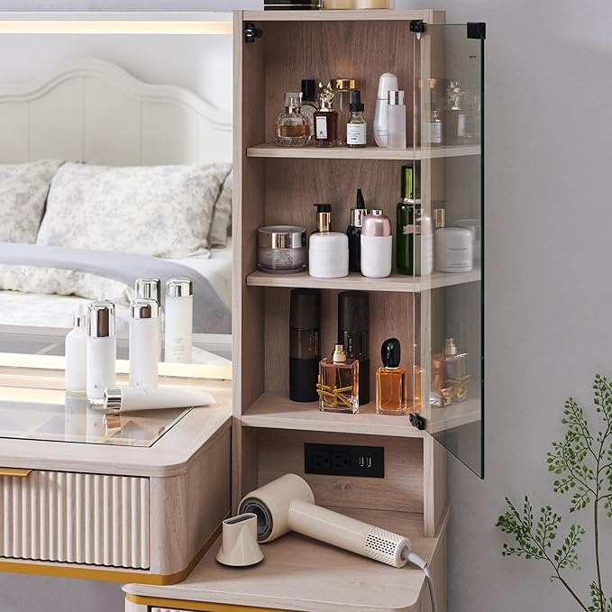 T4TREAM Fluted Makeup Vanity Desk with 36" HD Lighted Mirror, 48" Big Modern Vanity Desk with Mirror and Lights, Dressing Table with 5 Drawers & Shelves, Glass Top for Bedroom (Alder White)