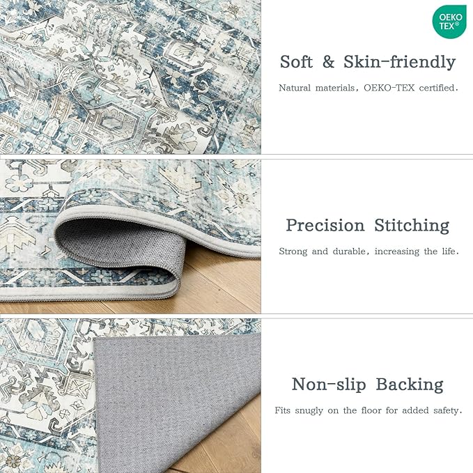 zesthome 5x7 Washable Rug-Stain Resistant Area Rugs for Living Room, Ultra-Thin Vintage Rugs, Non-Slip Backing Rug, Low Pile Large Area Rug, Boho Home Decor
