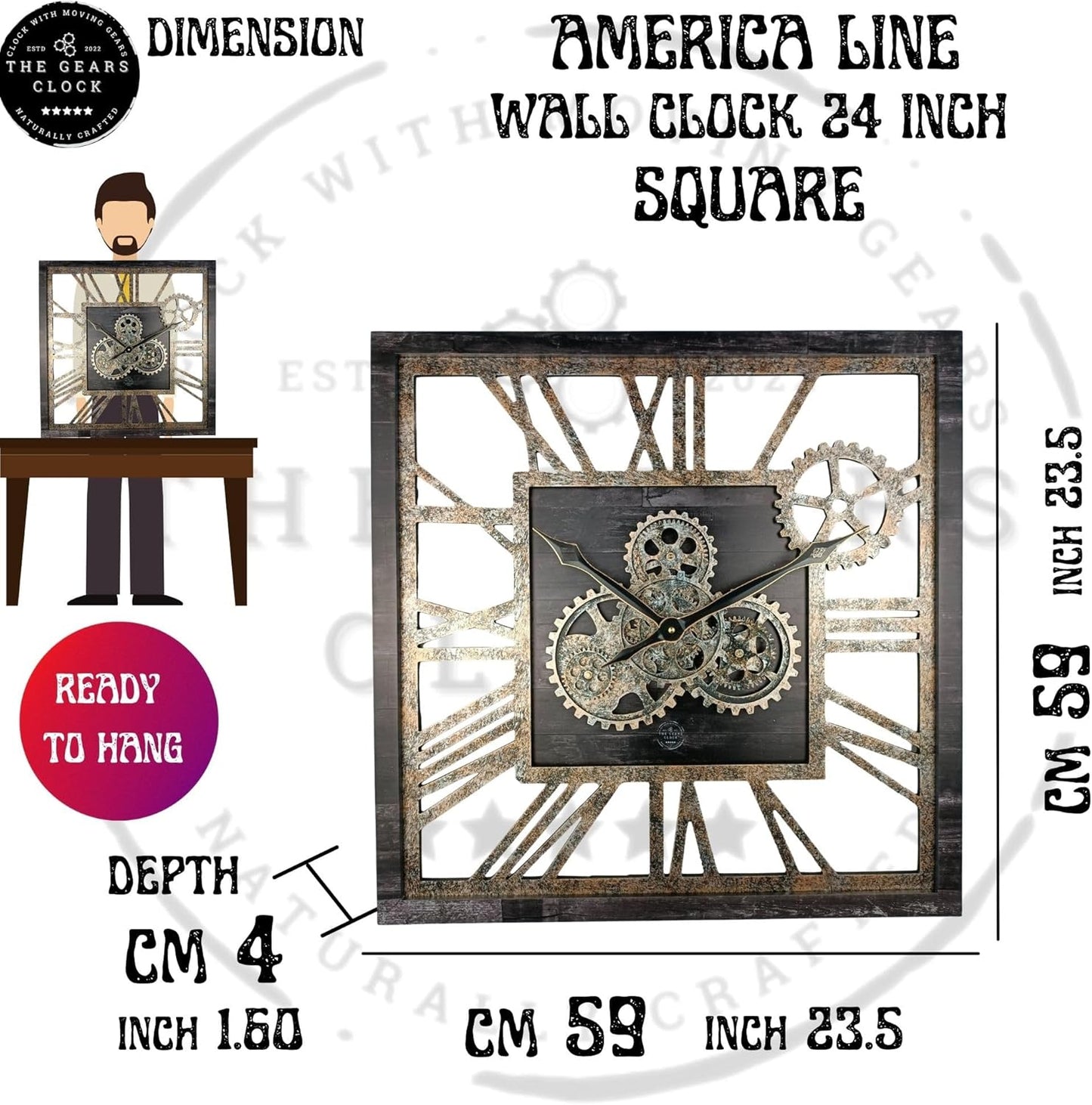 The Gears Clock 24'' Inch Square Real Moving Gear Wall Clock Vintage Industrial Oversized Rustic Farmhouse (Red Lava)