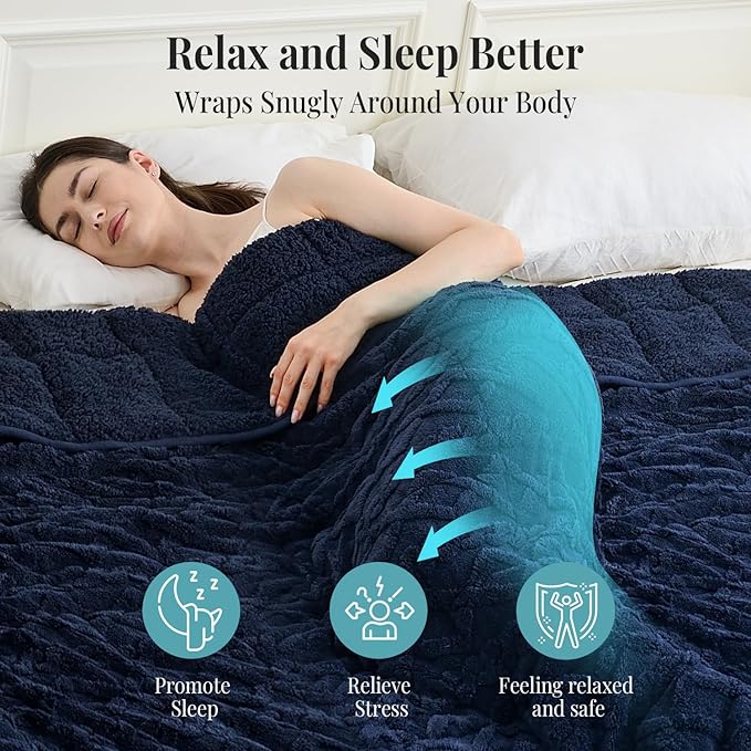 Topblan Weighted Blanket Twin Size 12 lbs, Soft Weighted Blanket with Doubled-Sized Shaggy Sherpa, Jacquard Knitted Warm Weighted Blankets Throw for Better Sleep, Navy Blue, 48 x 72 inches
