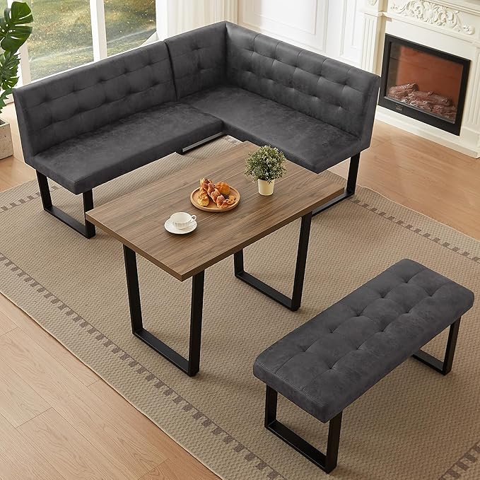 3-Piece Corner Dining Table Set with Bench, 70 Inch Space-Saving Breakfast Nook for Kitchen & Dining Room(Walnut Table & L-Seat Grey Bench)