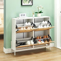 IDEALHOUSE Rattan Shoe Storage Cabinet with 4 Flip Drawers, Freestanding Shoe Organizer with Adjustable Shelves for Entryway, Narrow Shoe Rack Cabinet, Farmhouse Slim Shoe Cabinet, White