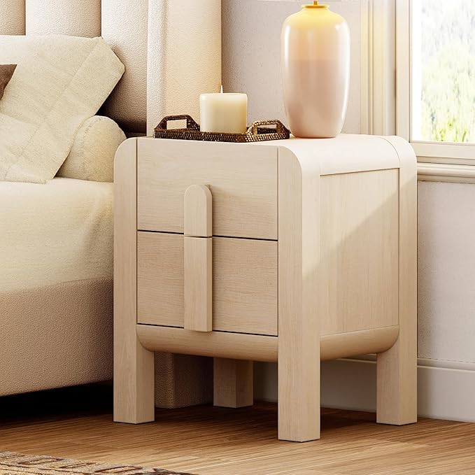 WAMPAT 23.7" Tall Modern Nightstand with Charging Station,Wood Bedside Table w/2 Storage Drawers,Curved Profile Design,Sofa Side Table End Table for Bedroom, Living Room, Beige