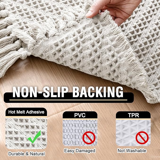 H.VERSAILTEX Waffle Bath Mat Super Absorbent Boho Bath Mat Non Slip Bath Rugs for Bathroom Floor Machine Washable Dry Fast Bathroom Rugs with Tassels, 17" x 24", Ivory White