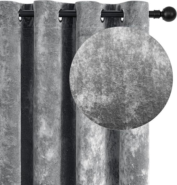 SMILETIME Grey Crushed Velvet Curtains 52x84 inch Luxurious Thermal Insulated Soundproof Drapes for Living Room Bedroom Office Soft and Durable Light-Filtering Window Treatments, 2 Panels
