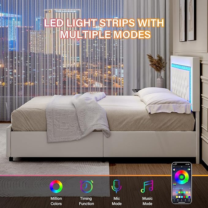 BarnFurin Queen Bed Frame with LED Lights, Upholstered Bed Frame with Storage Drawers, Princess Platform Bed with Diamond Headboard and Footboard, No Box Spring Needed, White