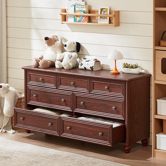 Farmhouse Dressers & Night Stand Set of 4, Wood 54" Wide 7 Drawer Dresser & 45" Tall Chest of Drawers, 18" Roman Column Nightstand Set of 2, Bedroom Furniture Dresser Sets for Home Living Room Hallway