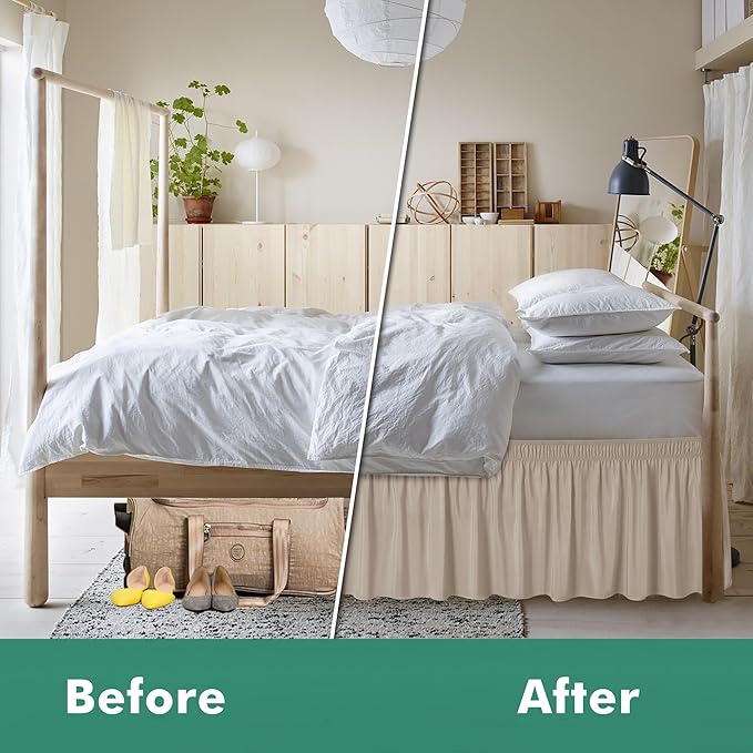 Biscaynebay Wrap Around Bed Skirts with Split Corners for Full Beds 15" Drop, Light Camel Adjustable Elastic Dust Ruffles Easy Fit Wrinkle Resistant Silky Luxurious Fabric Machine Washable