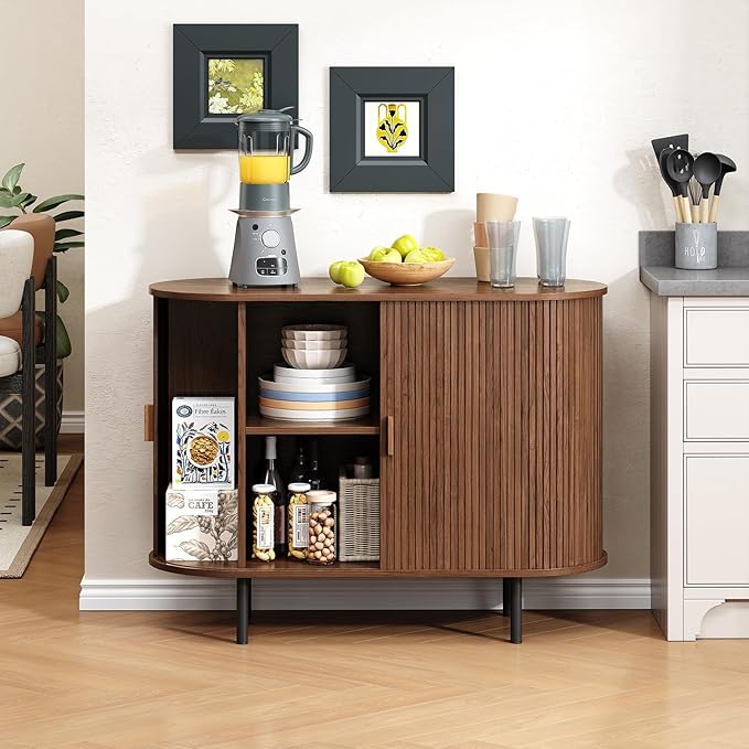 Buffet Cabinet with Storage, Fluted Sideboard Buffet with Sliding Door, Coffee Bar Cabinet with Adjustable Shelf, Console Table, Accent Table for Entryway, Kitchen (Walnut, 40 Inch)