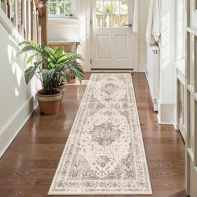 2x6 Hallway Washable Runner Rug Vintage Non-Slip Soft Kitchen Mat Boho Medallion Distressed Farmhouse Carpet Floral Low Pile Indoor Throw Rug for Entryway Bathroom Living Room Bedroom, Taupe