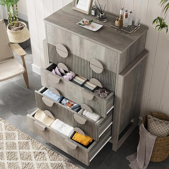LGHM Fluted Dresser for Bedroom with 6 Drawers, Modern 6 Drawers Dressers with Semicylinder Fluted, Solid Chest of Drawers, 44.5" Tall Dresser with Stable Steel Frame, Metal Handles, Gray