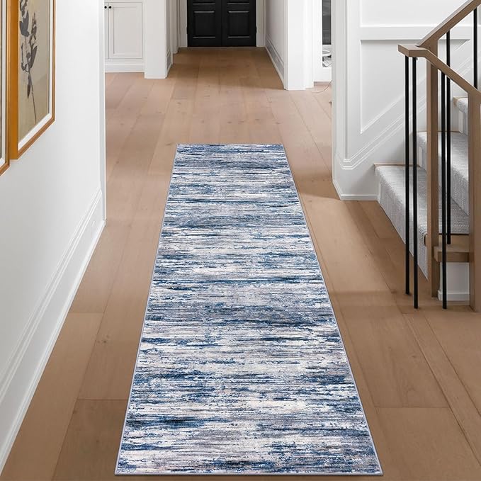 2x8 Modern Abstract Runner Rug for Hallways, Navy Blue Gray Neutral Multi Super Soft Hallway Decor Kitchen Rugs with Non-Slip, Non-Shedding Washable Rug for Entryway Bedroom Indoor