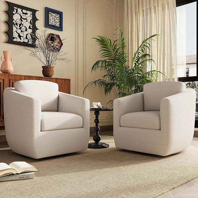 360° Swivel Accent Chair Set of 2 with Pillow - Comfy Living Room Armchair No-Sag Foam & Sturdy Metal Base, Fully Assembled Swivel Accent Single Sofa for Bedroom Living Room, Office, Beige