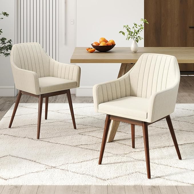 Giantex Upholstered Dining Chairs Set of 2, Mid Century Kitchen Chairs with Solid Wood Legs, Wrap-Around Backrest, Modern Accent Armchair for Living Room, Dining Room, Bedroom, Beige