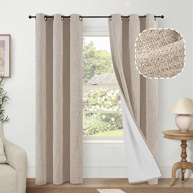 Linen Blackout Curtains for Living Room Narrow Window, Thermal Insulated Complete Light Blocking Privacy Soundproof Small Curtains for Bedroom, Each 38 Inch Wide 80 Inch Length 2 Panels, Beige