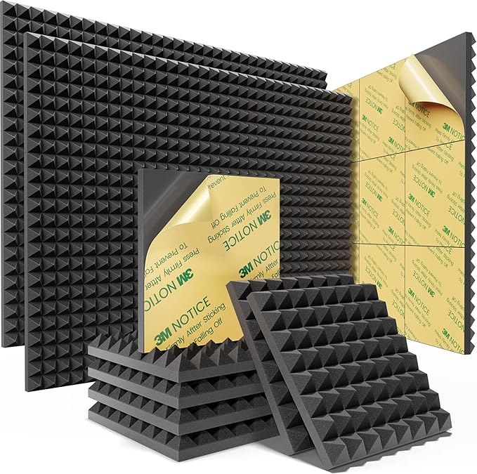 Sonicism Sound Proof Foam Panels for Walls Self-Adhesive 72 Pack Pyramid 1"X 12"X 12" Acoustic Panels 35kg/m³High Density,Soundproof Wall Panels Fast Expand,Sound Absorption and Decoration,Black