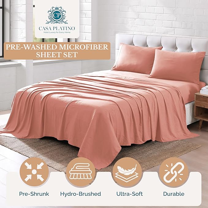 Casa Platino Bedding King Sheet Set – 4 Piece Set, Pre-Washed Ultra Soft Sheets, Deep Pocket Sheets, Cooling Bed Sheets, Brushed Microfiber, Cozy & Smooth Finish, 15" Fit for King Bed - Rose Dawn
