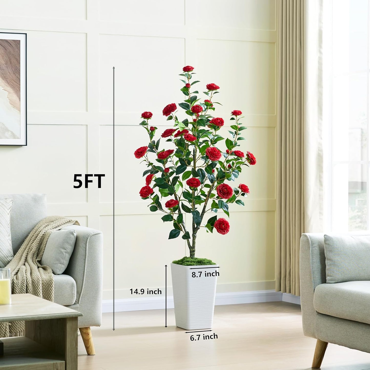 Artificial Camellia Tree 5FT Faux Trees Indoor Fake Floral Plant Blooming Tree with Red Flowers & White Tall Planter, Faux Camellia Plants for Porch Home Room Bedroom Office Front Door Outdoor Decor