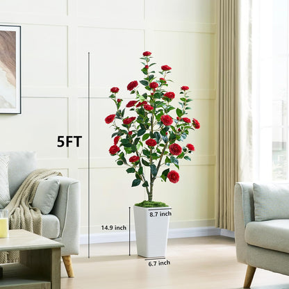 Artificial Camellia Tree 5FT Faux Trees Indoor Fake Floral Plant Blooming Tree with Red Flowers & White Tall Planter, Faux Camellia Plants for Porch Home Room Bedroom Office Front Door Outdoor Decor