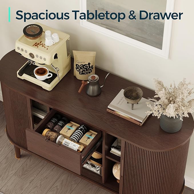 LINSY HOME Sideboard Buffet Cabinet with Storage, 55" Fluted Coffee Bar Cabinet with Tambour Sliding Doors and Drawer, Mid Century Modern Wood Storage Buffet Table for Kitchen, Living Room, Walnut | with Storage, Fluted, Coffee Bar Cabinet, Drawer, Mid...