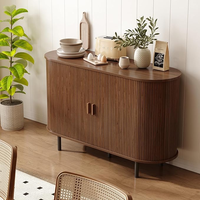 ONBRILL 48" Sideboard Buffet Cabinet with Storage, Storage Cabinet with Sliding Door & Adjustable Shelf, Modern Accent Coffee Bar Console Table for Kitchen, Entryway, Walnut