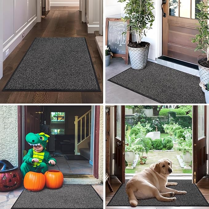 Mibao Front Door Mat, Dirt Trapper Welcome Mat for Outdoor Indoor, Non-Slip Waterproof Doormat, Durable Machine Washable Low Profile Entry Rug for Back Door Outside Patio Porch, 60" x 36", Grey