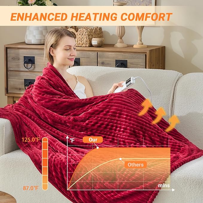 Heated Blanket Electric Full, Soft Flannel Heating Blanket with 8 Hours Auto Off 10 Fast Heating Levels Machine Washable Sherpa Heated Blanket with Overheating Protection