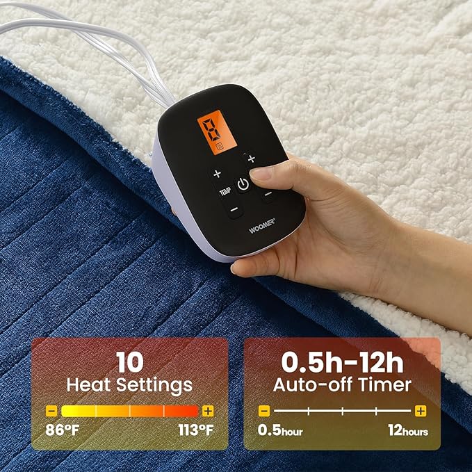 WOOMER Electric Blanket Twin Size,Durable Flannel and Soft Sherpa,Dual Control,62”×84” Heated Throw Blanket, 10 Heat Levels&0.5-12h auto-Off,Energy Efficient,ETL Certified