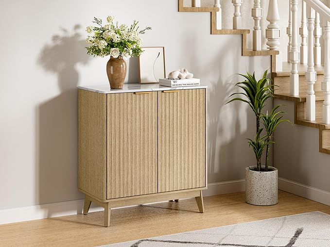 Sideboard Cabinet, Small Buffet Cabinet, Modern Fluted Storage Cabinet with Faux Marble Top & Adjustable Shelf, Accent Credenza Sideboard for Kitchen, Living Room, Entryway