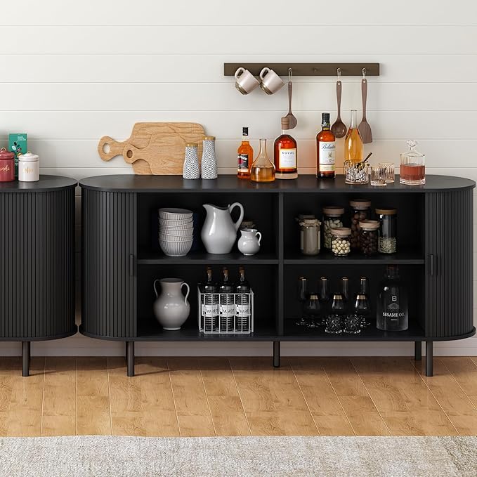ONBRILL 63" Sideboard Buffet Cabinet with Storage, Storage Cabinet with Sliding Door & Adjustable Shelf, Modern Accent Coffee Bar Console Table for Kitchen, Entryway, Black