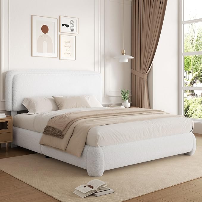 Full Size Boucle Platform Bed Frame, Upholstered Cloud with Adjustable Headboard, Anti-Collision Soft Rounded Corners, No Box Spring Required, Easy Assembly, Noise Free