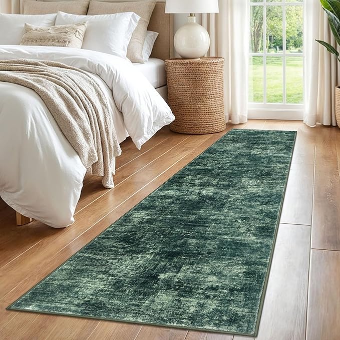IOHOUZE Abstract Runner Rug 2x8 Ft Washable Runners for Hallways, Non Slip Kitchen Runner Printed Faux Wool Entryway Runner Indoor, Modern Abstract Floor Carpet for Hall Kitchen Bedroom, Dark Green