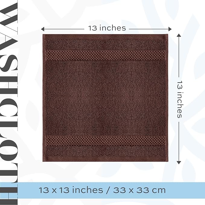 White Classic Luxury Cotton Washcloths 13x13 Inch - 650 GSM Turkish Cotton | Hotel, Spa, Bathroom Face Towel | 12 Pack, Brown
