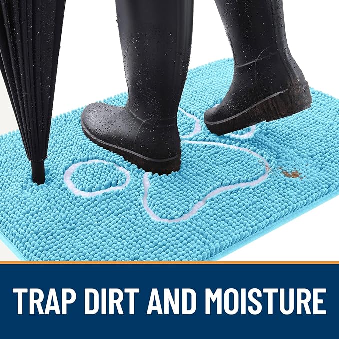 OLANLY Dog Door Mat for Muddy Paws 36x24, Paw Print Design, Absorbs Moisture and Dirt, Absorbent Non-Slip Washable Doormat, Quick Dry Chenille Mud Mat for Dogs, Entry Indoor Entryway Carpet, Blue
