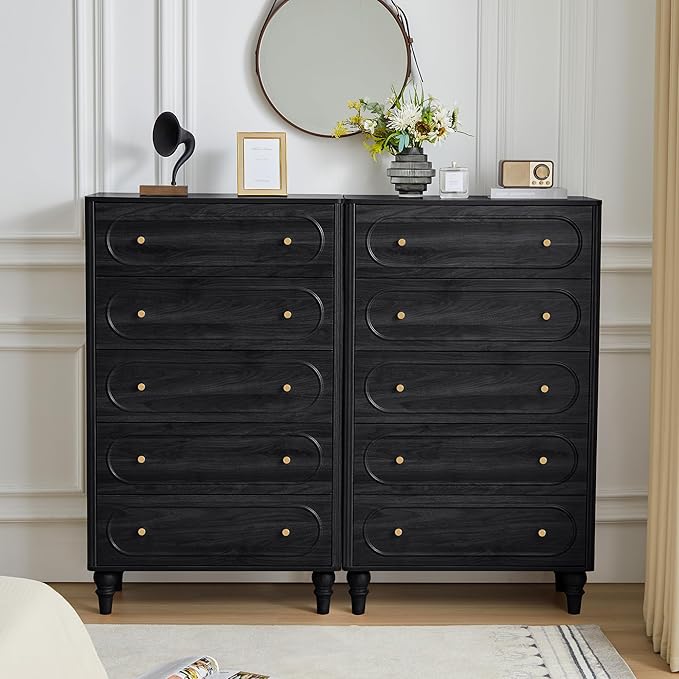 ORRD 5 Drawer Fluted Dresser for Bedroom Set of 2, Mid Century Modern Chest of Drawers, Wood Storage Large Dresser Organizer for Bedroom Living Room Hallway Closet, Black