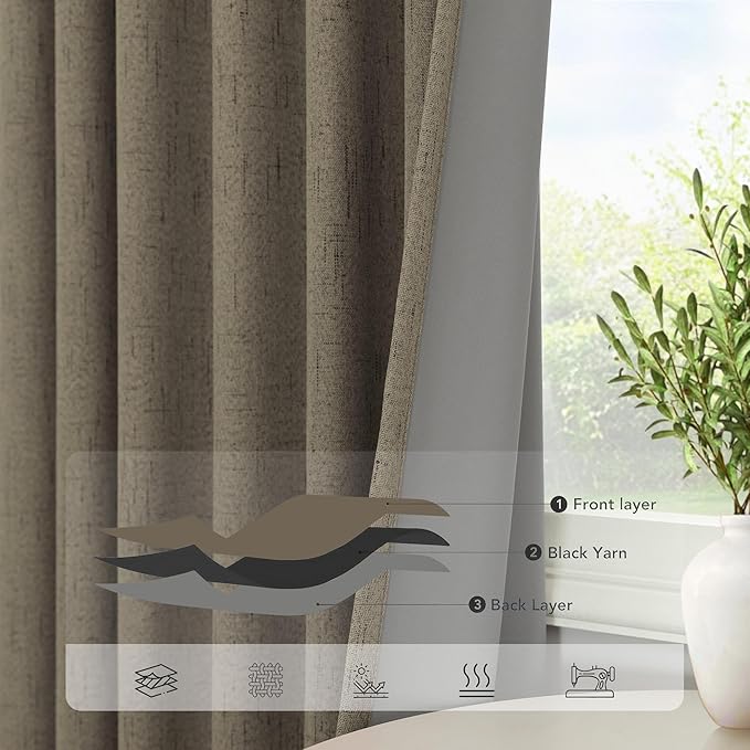 Brown Room Darkening Curtains 96 Inch Long for Living Room Dining Back Tab Linen Blackout Drapes Rustic Neutral Energy Efficient Black Out Window Curtain Panels for Bedroom Home Office Earth Cottage