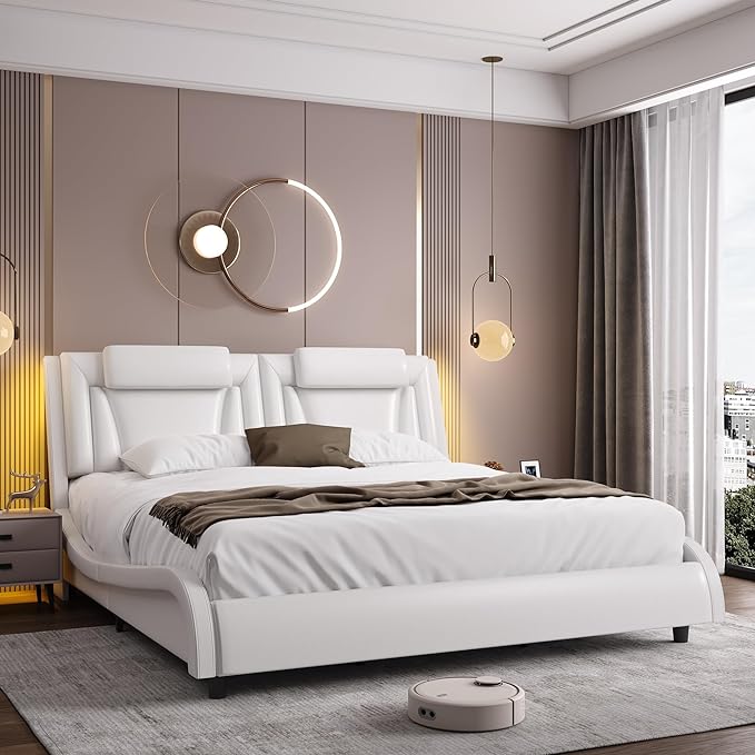 Keyluv Upholstered Platform Bed Frame with Adjustable LED Headboard, Pu Leather, Wave-Like Curve Design and Solid Wooden Slats Support, No Box Spring Needed, Noise Free, Modern, Queen, White