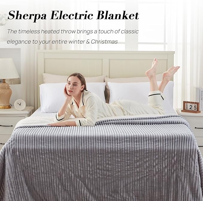 Westinghouse King Size Heated Blanket, Soft Flannel to Sherpa Reversible Electric Blanket King Size with 10 Heating Levels & 1-12 Hours Auto Shut Off, Machine Washable, (100" x 90", Light Grey)