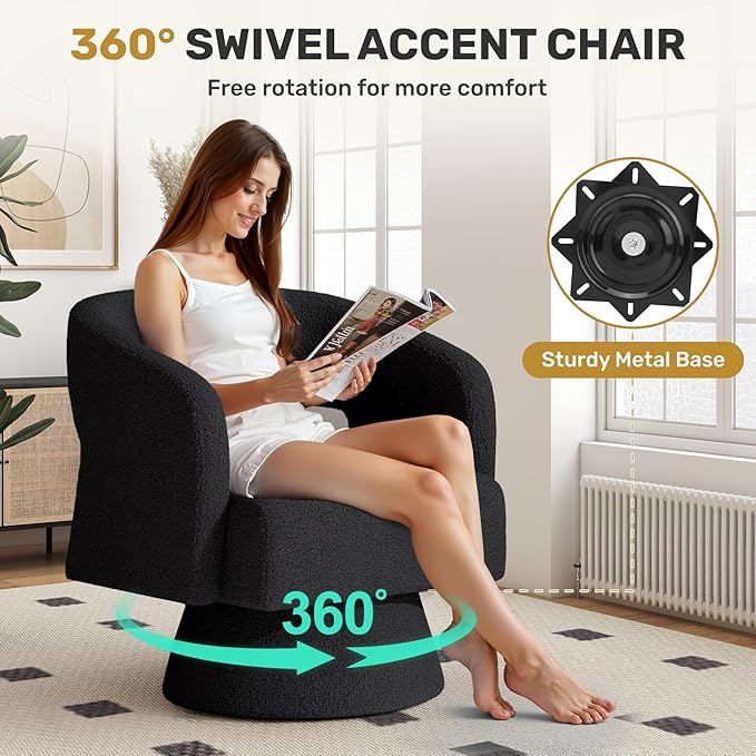 Swivel Accent Chair Set of 4, Modern Comfy Teddy Barrel Chairs, Oversized Upholstered Round Arm Chair for Living Room, Bedroom, Reading Room, Black