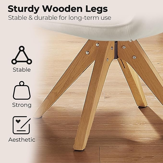Zouron Mid Century Modern Swivel Accent Chair, Vanity Chair with Wooden Legs, Upholstered Arm Chair No Wheels, Accent Side Chair for Small Space Home Office Living Room Bedroom, Raw White