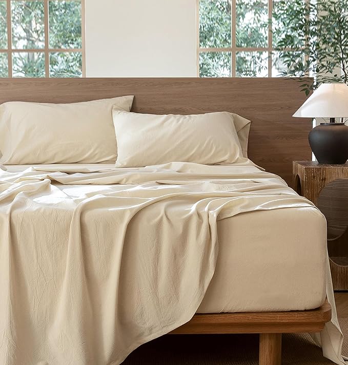 MooMee Bedding Sheet Set 100% Washed Cotton Linen Like Textured Breathable Durable Soft Comfy (Heathered Almond Milk Grey, Full)