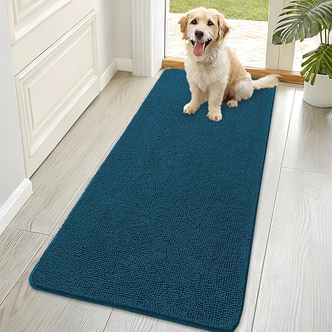 OLANLY Dog Door Mat for Muddy Paws 70x35, Absorbs Moisture and Dirt, Absorbent Non-Slip Washable Doormat, Quick Dry Chenille Mud Mat, Entry Indoor Entryway Carpet for Inside Floor, Atlantic Blue