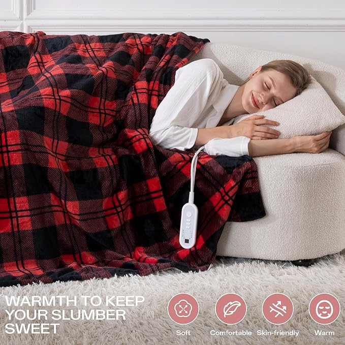 Heated Electric Blanket Twin Size 84" x 62", 8 Heat Settings, 10-Hour Selectable Auto Shut-Off, Fast Heating Blanket, Machine Washable, Warm and Cozy Red Black Plaid Checkered Sherpa Blanket,