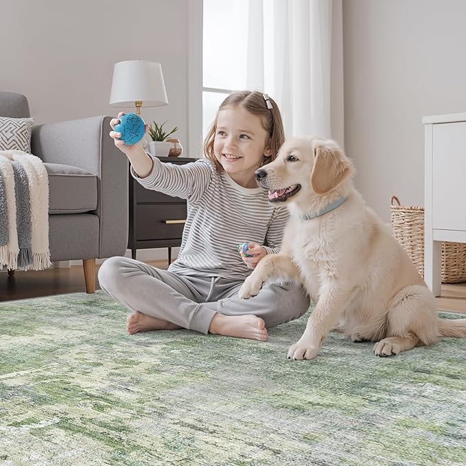 3x5 Rug, Abstract Small Area Rug for Kitchen, Entryway, Machine Washable Non-Slip Throw Rug, Vintage Carpet for Nursery Coffee Table Green Ivory