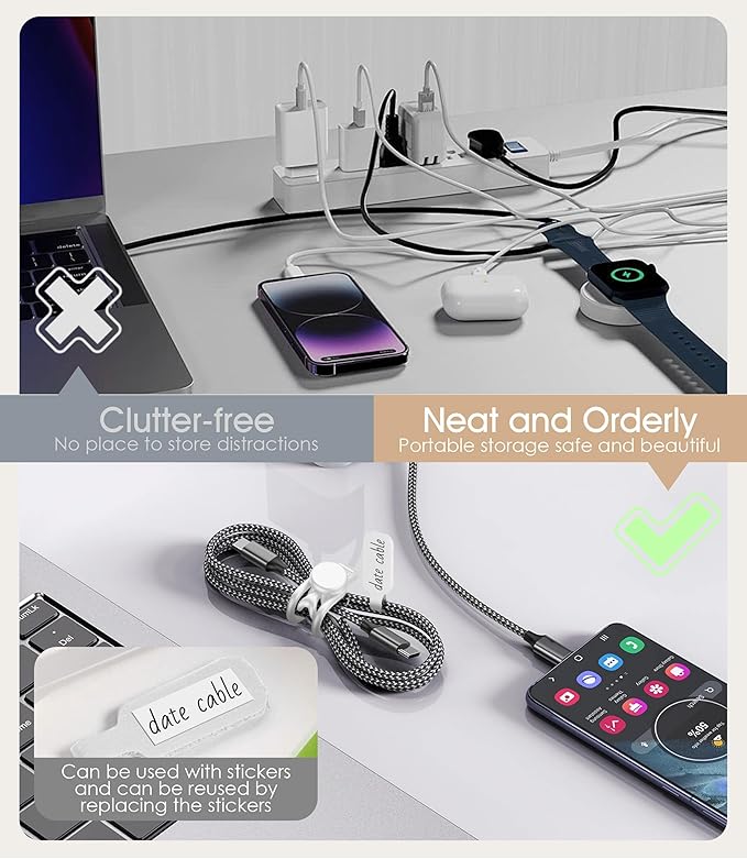 32Pcs Nearockle Cable Labels and Silicone Cable Ties Cable Management Set, Reusable 16 Cable Ties+16 Cord Labels for Electronics, Travel Home Office Desk Wire Organization (White)