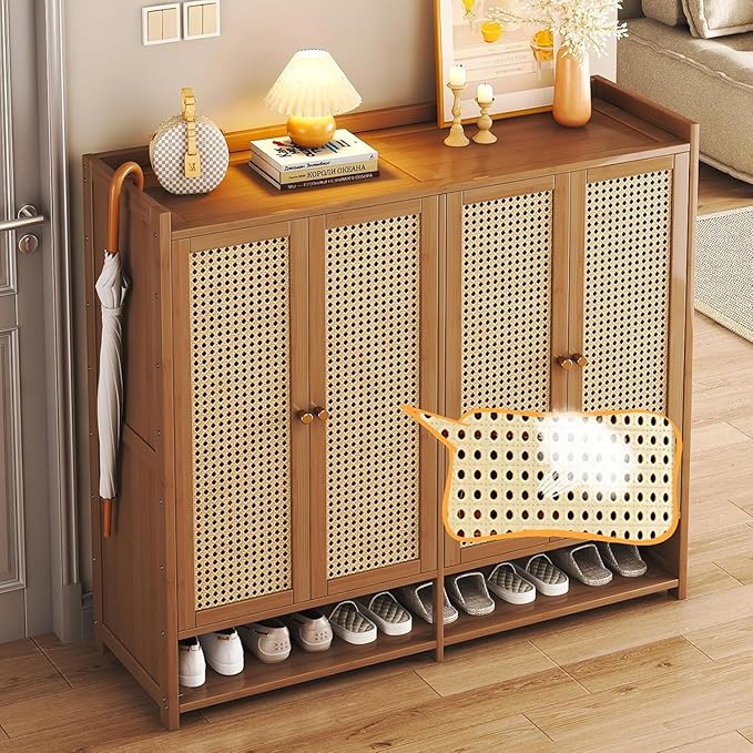 Bamboo Shoe Cabinet, 36-40 Pairs 8 Tier Shoe Rack with Doors, Freestangding Shoe Cabinet Organizer with Shelves, 43" Tall Shoe Rack Organizer for Entryway, Closet, Hallway